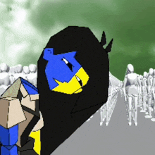 a blue and yellow cartoon character is standing in front of a row of mannequins