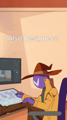 a cartoon of a wizard drawing on a tablet with the words also designers above him