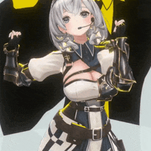 a girl with a microphone on her head stands in front of a yellow jacket