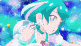 a girl with blue hair is holding a bubble in her hand .