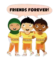 a cartoon of three children hugging each other with the words " friends forever " in a speech bubble