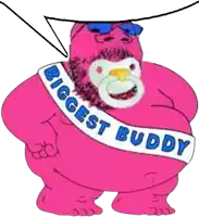 a pink bear with a pacifier and a sash that says ' biggest buddy '