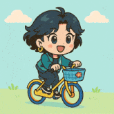 a cartoon drawing of a girl riding a bike with a basket