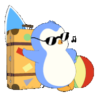 a penguin wearing sunglasses is sitting next to a suitcase