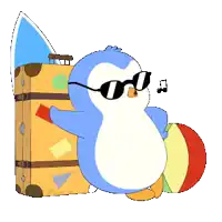 a penguin wearing sunglasses is sitting next to a suitcase