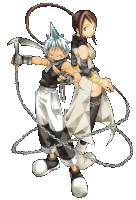 a boy and a girl are standing next to each other holding chains