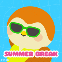 an illustration of a bird wearing sunglasses with the words summer break written below it