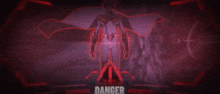 a man in a superhero costume is standing in front of a sign that says danger