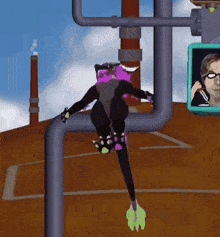 a cartoon character is hanging from a pipe with a man behind him
