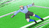 a cartoon of a soccer player jumping in the air to catch a ball