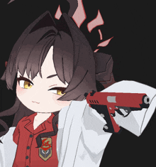 a girl in a red shirt is holding a red gun in her hand