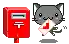 a pixel art illustration of a cat holding a letter next to a red mailbox .