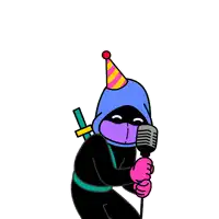 a cartoon character singing into a microphone with the words happy birthday written above him