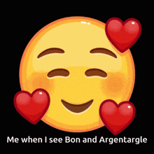 a smiley face is surrounded by red hearts and the words me when i see bon and argentargle