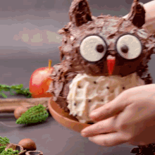 a person is holding an owl shaped cake on a plate