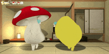 a red mushroom and a yellow balloon are dancing together in a room