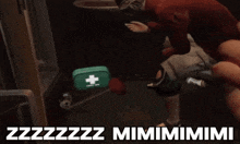 a bloody hand is holding a first aid kit with the words " zzzzzz mimimimi " below it