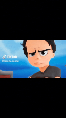 a close up of a cartoon character 's face with a blue sky in the background .