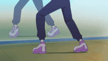 a cartoon character 's feet are shown with purple shoes