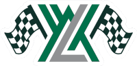 a green and silver logo with checkered flags