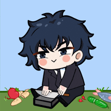 a cartoon drawing of a boy cutting vegetables