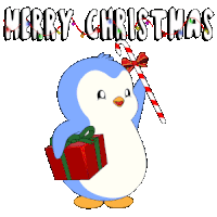 a penguin holding a candy cane and a gift box with the words merry christmas written above it