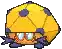 a pixel art drawing of a cartoon character wearing a yellow helmet and glasses .
