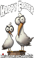 a cartoon of two seagulls standing on a wooden block with the words happy easter written above them