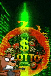 a cartoon dog is holding a gun in front of a lotto memecoin sign