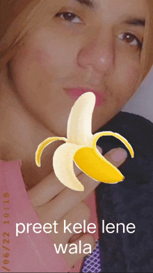 a picture of a woman holding a banana with the words preet kele lene wala on the bottom