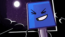 a cartoon drawing of a blue cube with a smiling face