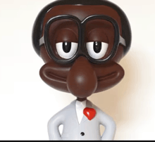 a cartoon character wearing glasses and a white suit