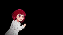a girl with red hair and red eyes is wearing a blue vest and white shirt .
