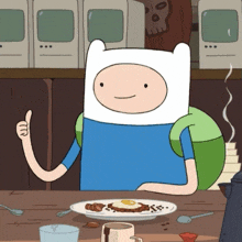 a cartoon character giving a thumbs up while sitting at a table