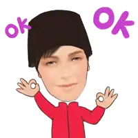 a cartoon of a man wearing a red jacket and a black hat giving an ok sign