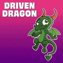a cartoon of a green dragon with horns and the words " driven dragon " above it
