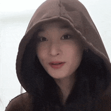 a woman wearing a brown hoodie with a hood on her head