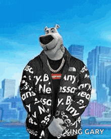 scooby doo is wearing a supreme jacket with drip on it .