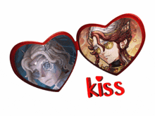 two hearts with a picture of a man and the word kiss
