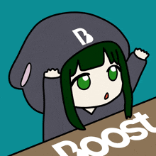 a cartoon of a girl with green hair and the word boost
