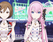 two anime girls are standing next to each other with the words astro & willow written on the bottom