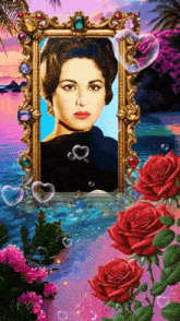 a framed picture of a woman surrounded by red roses and bubbles