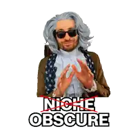 a man in an american flag costume has his hands in the air in front of a sticker that says niche obscure