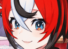 a close up of a red haired anime girl with blue eyes
