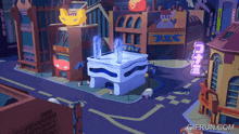 a cartoon drawing of a city with a sign that says ' gifrun.com ' at the bottom