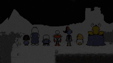 a group of cartoon characters standing next to each other with a castle in the background