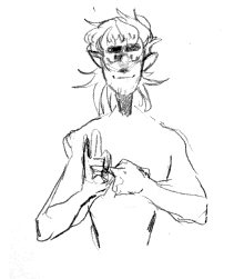 a black and white drawing of a shirtless man making a peace sign with his hands .