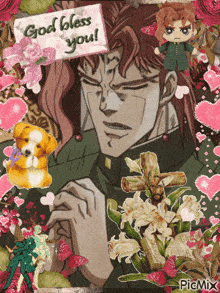 a picture of a man surrounded by flowers and hearts with a card that says good bless you
