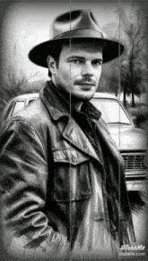 a black and white drawing of a man in a hat