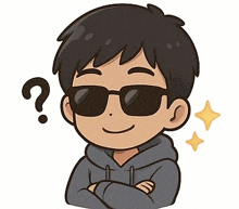 a cartoon boy wearing sunglasses and a hoodie has a question mark above his head